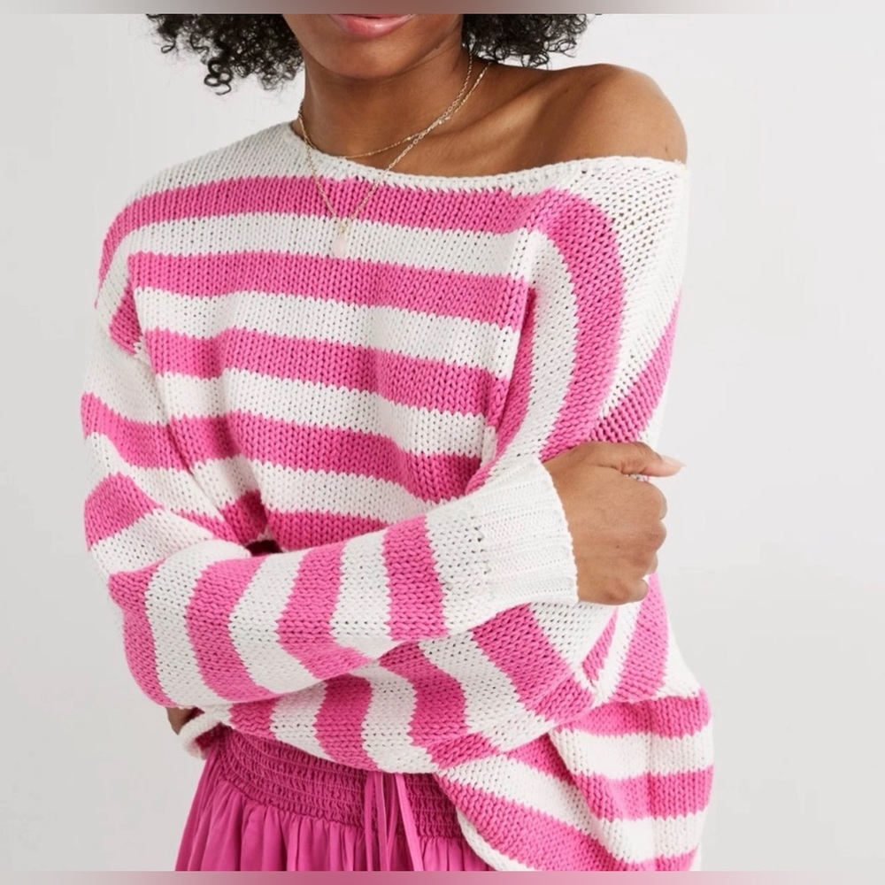Aerie Off-The-Shoulder Sweater Pink & White Striped‎ Size XL in Lip Gloss